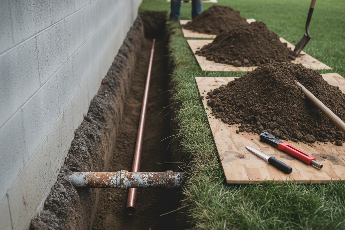 Excavated water line trench during Sewer Line Repair in Mountainside